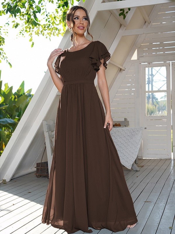 A-Line/Princess Chiffon Ruffles Scoop Short Sleeves Floor-Length Bridesmaid Dresses Formal Evening Dress