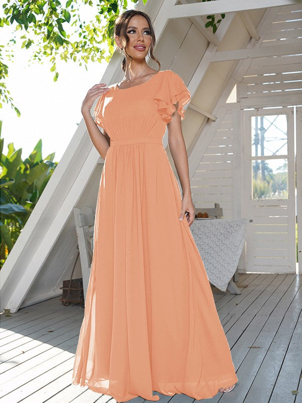 A-Line/Princess Chiffon Ruffles Scoop Short Sleeves Floor-Length Bridesmaid Dresses Formal Evening Dress