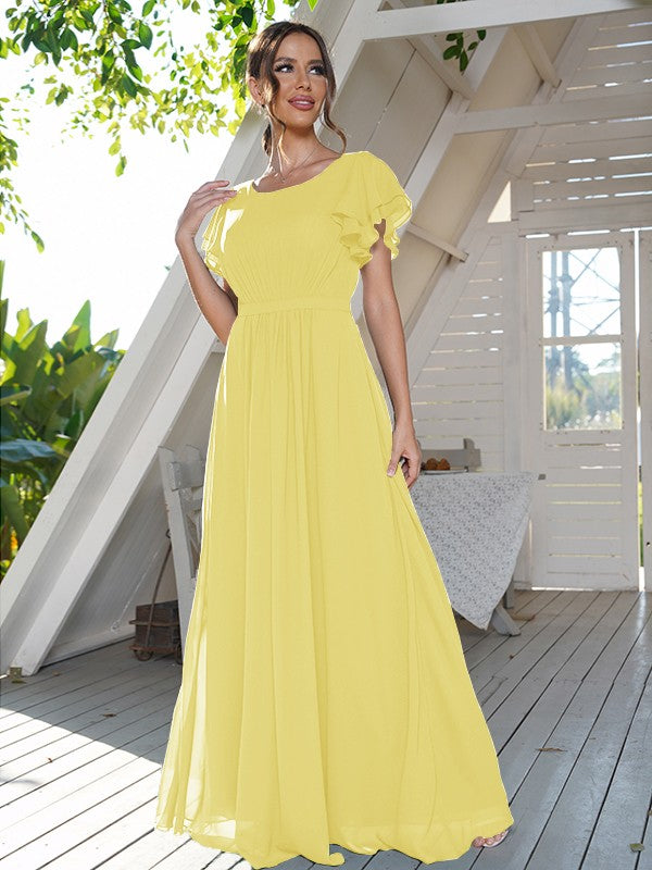 A-Line/Princess Chiffon Ruffles Scoop Short Sleeves Floor-Length Bridesmaid Dresses Formal Evening Dress