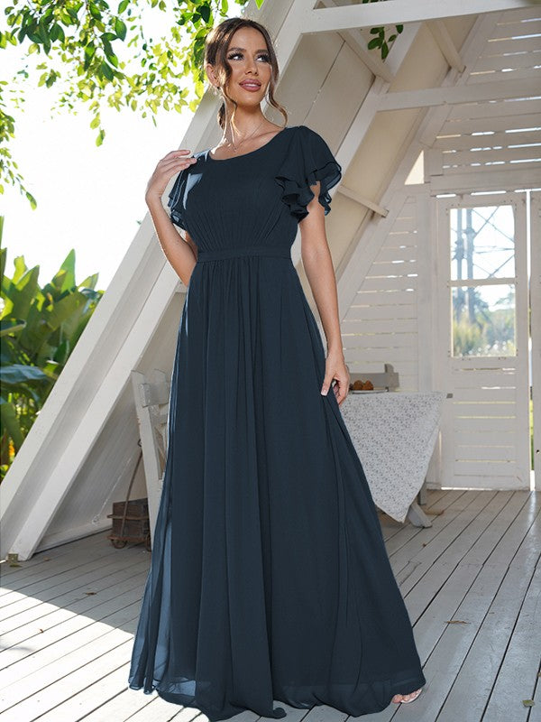 A-Line/Princess Chiffon Ruffles Scoop Short Sleeves Floor-Length Bridesmaid Dresses Formal Evening Dress