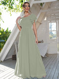 A-Line/Princess Chiffon Ruffles Scoop Short Sleeves Floor-Length Bridesmaid Dresses Formal Evening Dress