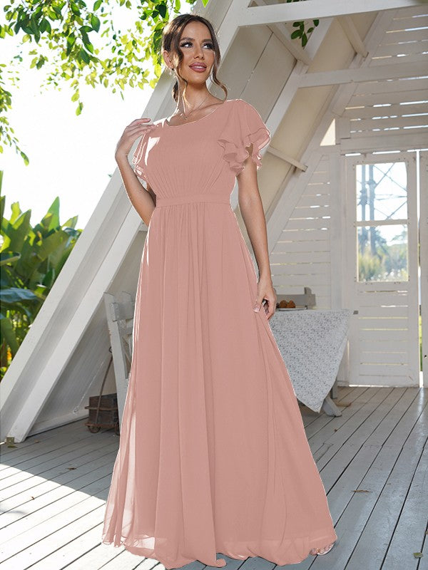 A-Line/Princess Chiffon Ruffles Scoop Short Sleeves Floor-Length Bridesmaid Dresses Formal Evening Dress