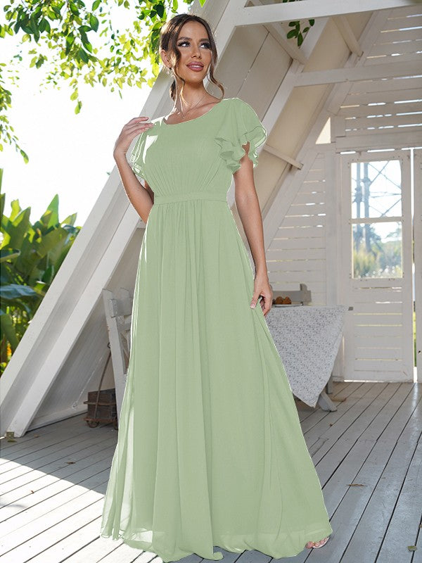 A-Line/Princess Chiffon Ruffles Scoop Short Sleeves Floor-Length Bridesmaid Dresses Formal Evening Dress