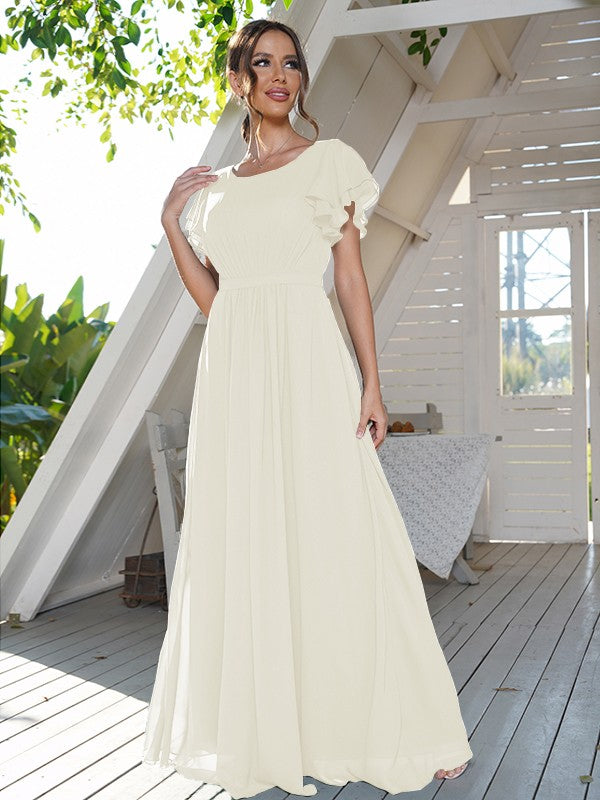 A-Line/Princess Chiffon Ruffles Scoop Short Sleeves Floor-Length Bridesmaid Dresses Formal Evening Dress