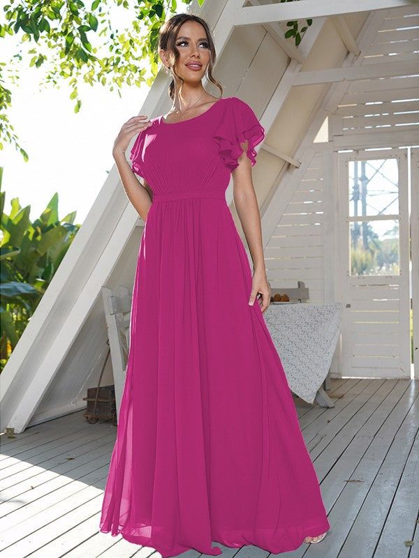 A-Line/Princess Chiffon Ruffles Scoop Short Sleeves Floor-Length Bridesmaid Dresses Formal Evening Dress