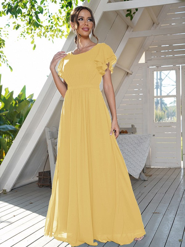 A-Line/Princess Chiffon Ruffles Scoop Short Sleeves Floor-Length Bridesmaid Dresses Formal Evening Dress