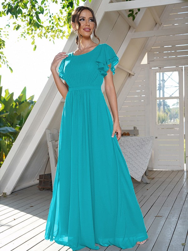A-Line/Princess Chiffon Ruffles Scoop Short Sleeves Floor-Length Bridesmaid Dresses Formal Evening Dress