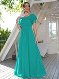 A-Line/Princess Chiffon Ruffles Scoop Short Sleeves Floor-Length Bridesmaid Dresses Formal Evening Dress