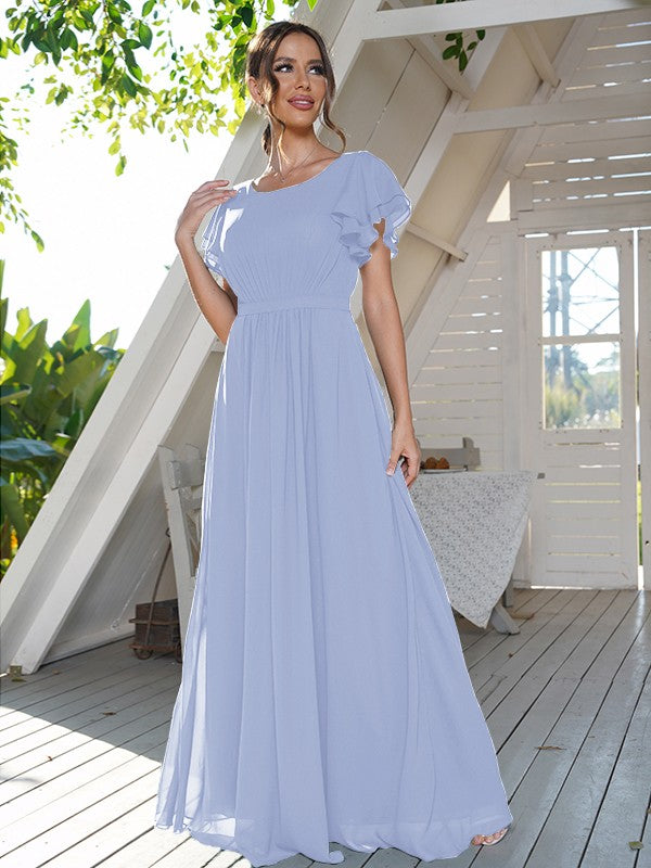 A-Line/Princess Chiffon Ruffles Scoop Short Sleeves Floor-Length Bridesmaid Dresses Formal Evening Dress