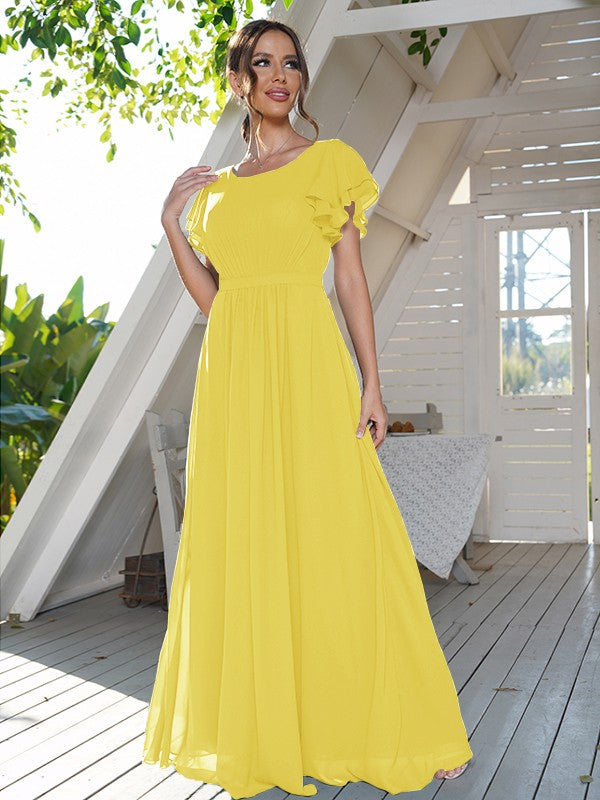 A-Line/Princess Chiffon Ruffles Scoop Short Sleeves Floor-Length Bridesmaid Dresses Formal Evening Dress