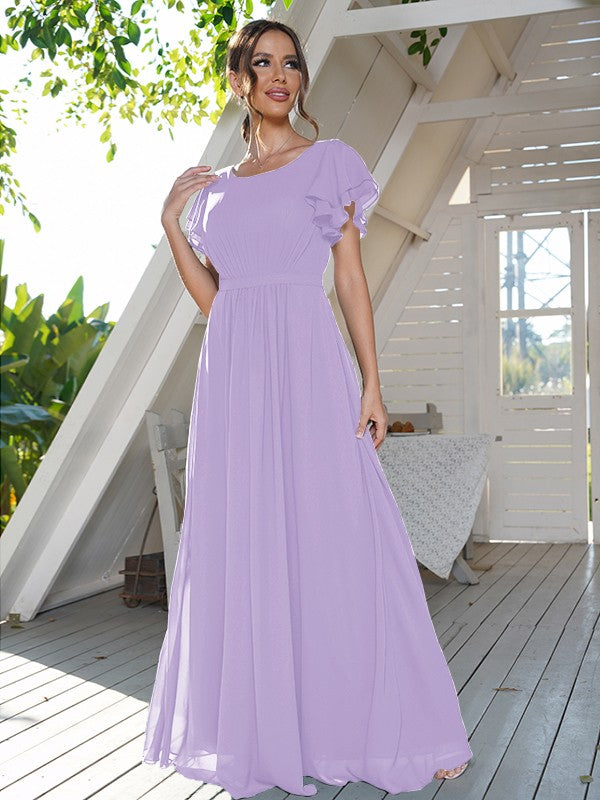 A-Line/Princess Chiffon Ruffles Scoop Short Sleeves Floor-Length Bridesmaid Dresses Formal Evening Dress