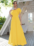 A-Line/Princess Chiffon Ruffles Scoop Short Sleeves Floor-Length Bridesmaid Dresses Formal Evening Dress