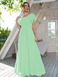 A-Line/Princess Chiffon Ruffles Scoop Short Sleeves Floor-Length Bridesmaid Dresses Formal Evening Dress