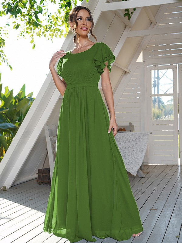A-Line/Princess Chiffon Ruffles Scoop Short Sleeves Floor-Length Bridesmaid Dresses Formal Evening Dress