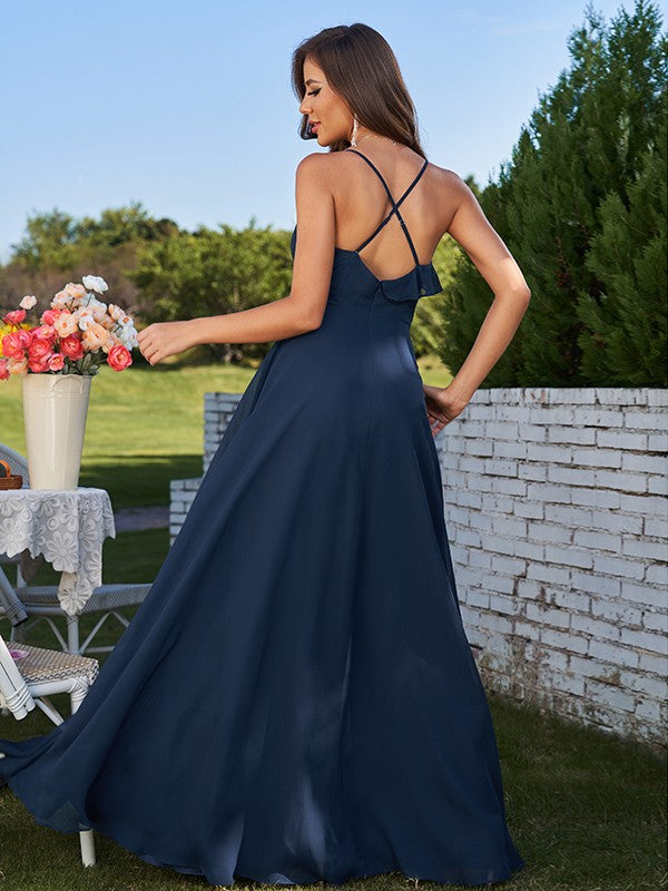 A-Line/Princess Chiffon Ruffles V-neck Sleeveless Floor-Length Bridesmaid Dresses Evening Prom Dress