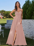 A-Line/Princess Chiffon Ruffles V-neck Sleeveless Floor-Length Bridesmaid Dresses Evening Prom Dress