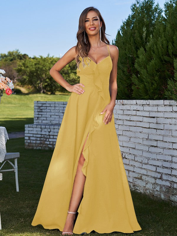 A-Line/Princess Chiffon Ruffles V-neck Sleeveless Floor-Length Bridesmaid Dresses Evening Prom Dress