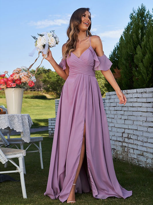 A-Line/Princess Chiffon Ruffles Off-the-Shoulder Sleeveless Floor-Length Bridesmaid Dresses Evening Prom Dress