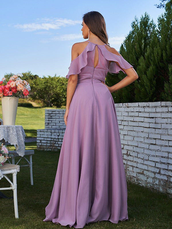 A-Line/Princess Chiffon Ruffles Off-the-Shoulder Sleeveless Floor-Length Bridesmaid Dresses Evening Prom Dress
