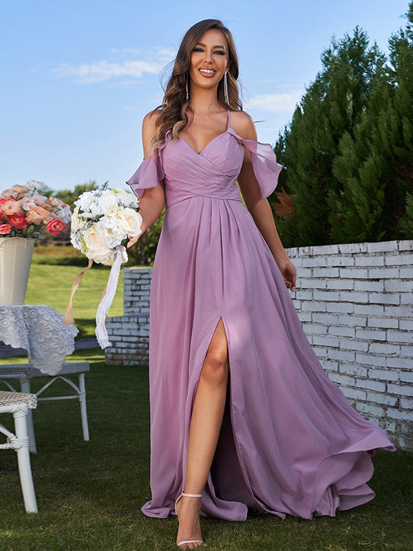 A-Line/Princess Chiffon Ruffles Off-the-Shoulder Sleeveless Floor-Length Bridesmaid Dresses Evening Prom Dress