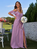 A-Line/Princess Chiffon Ruffles Off-the-Shoulder Sleeveless Floor-Length Bridesmaid Dresses Evening Prom Dress