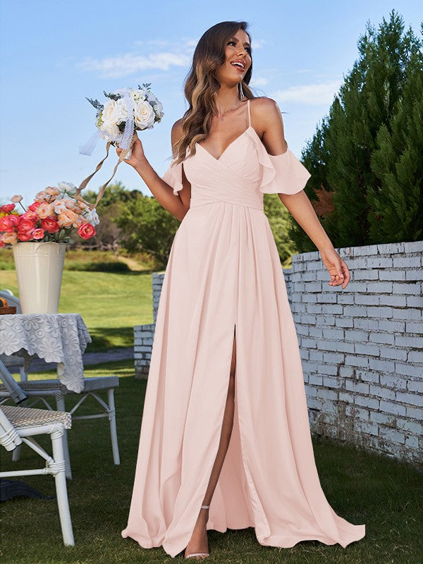 A-Line/Princess Chiffon Ruffles Off-the-Shoulder Sleeveless Floor-Length Bridesmaid Dresses Evening Prom Dress