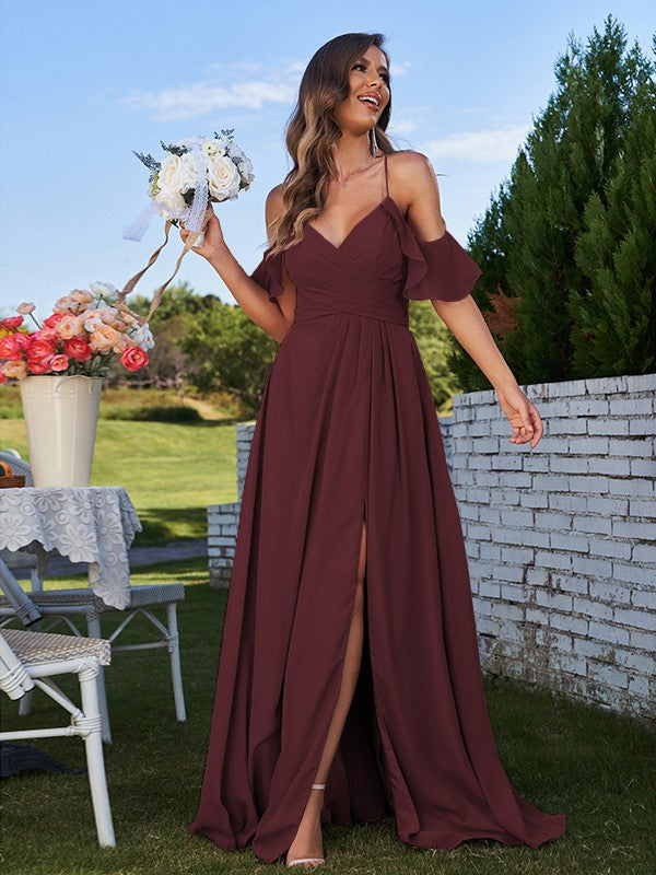 A-Line/Princess Chiffon Ruffles Off-the-Shoulder Sleeveless Floor-Length Bridesmaid Dresses Evening Prom Dress