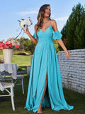 A-Line/Princess Chiffon Ruffles Off-the-Shoulder Sleeveless Floor-Length Bridesmaid Dresses Evening Prom Dress