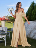 A-Line/Princess Chiffon Ruffles Off-the-Shoulder Sleeveless Floor-Length Bridesmaid Dresses Evening Prom Dress