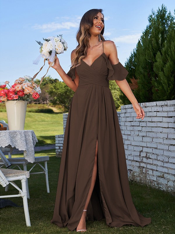 A-Line/Princess Chiffon Ruffles Off-the-Shoulder Sleeveless Floor-Length Bridesmaid Dresses Evening Prom Dress