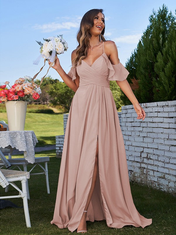 A-Line/Princess Chiffon Ruffles Off-the-Shoulder Sleeveless Floor-Length Bridesmaid Dresses Evening Prom Dress