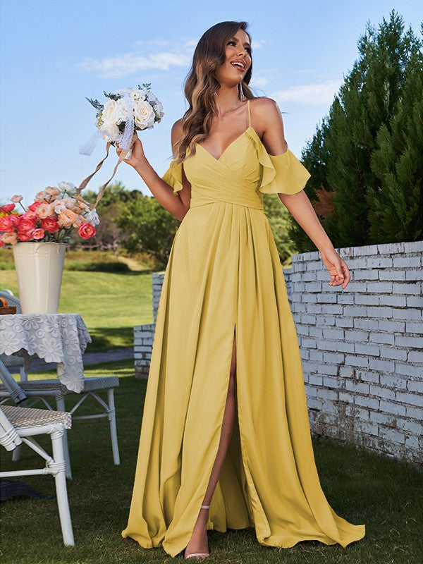 A-Line/Princess Chiffon Ruffles Off-the-Shoulder Sleeveless Floor-Length Bridesmaid Dresses Evening Prom Dress