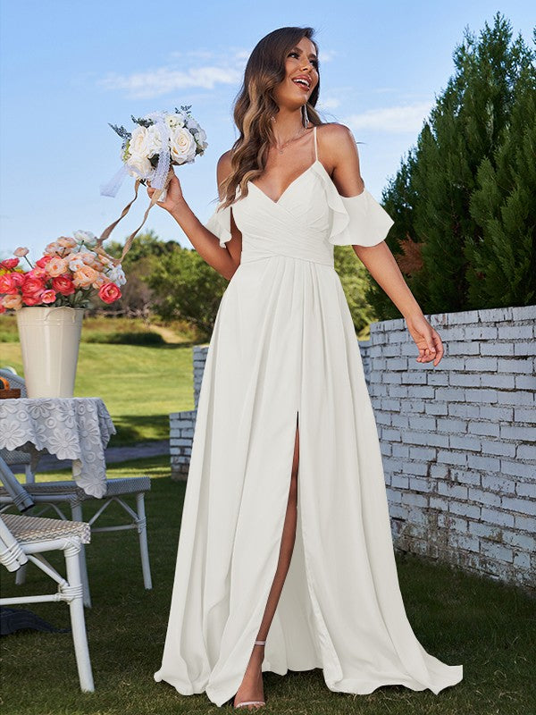 A-Line/Princess Chiffon Ruffles Off-the-Shoulder Sleeveless Floor-Length Bridesmaid Dresses Evening Prom Dress
