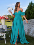 A-Line/Princess Chiffon Ruffles Off-the-Shoulder Sleeveless Floor-Length Bridesmaid Dresses Evening Prom Dress