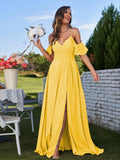 A-Line/Princess Chiffon Ruffles Off-the-Shoulder Sleeveless Floor-Length Bridesmaid Dresses Evening Prom Dress
