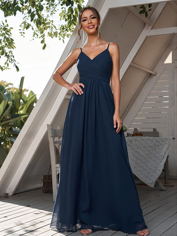 A-Line/Princess Chiffon Ruched V-neck Sleeveless Floor-Length Bridesmaid Dresses Formal Evening Dress