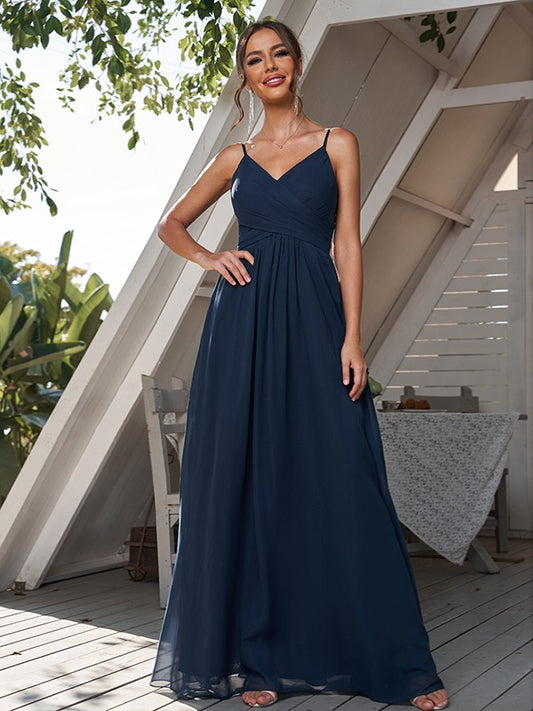 A-Line/Princess Chiffon Ruched V-neck Sleeveless Floor-Length Bridesmaid Dresses Formal Evening Dress