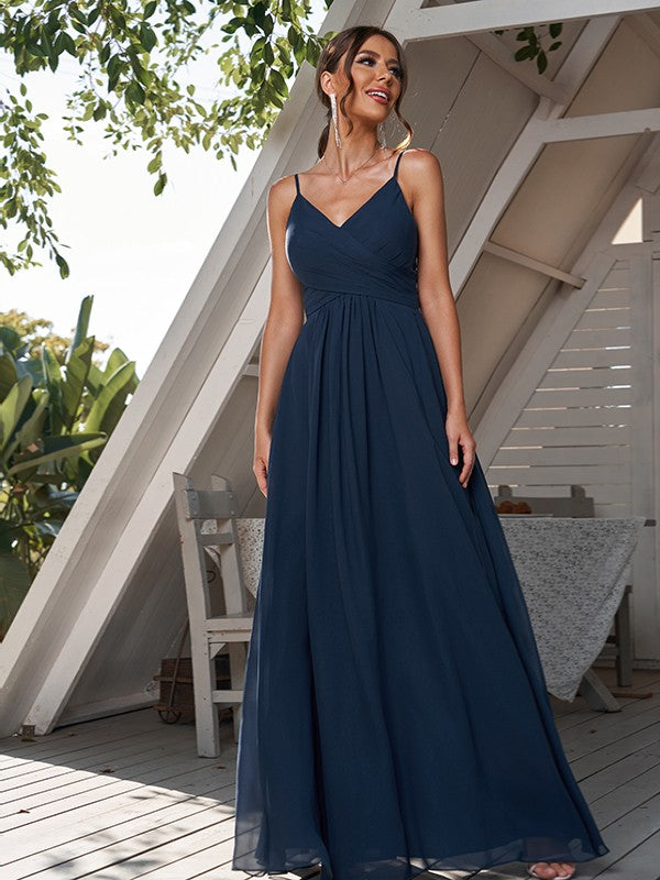 A-Line/Princess Chiffon Ruched V-neck Sleeveless Floor-Length Bridesmaid Dresses Formal Evening Dress