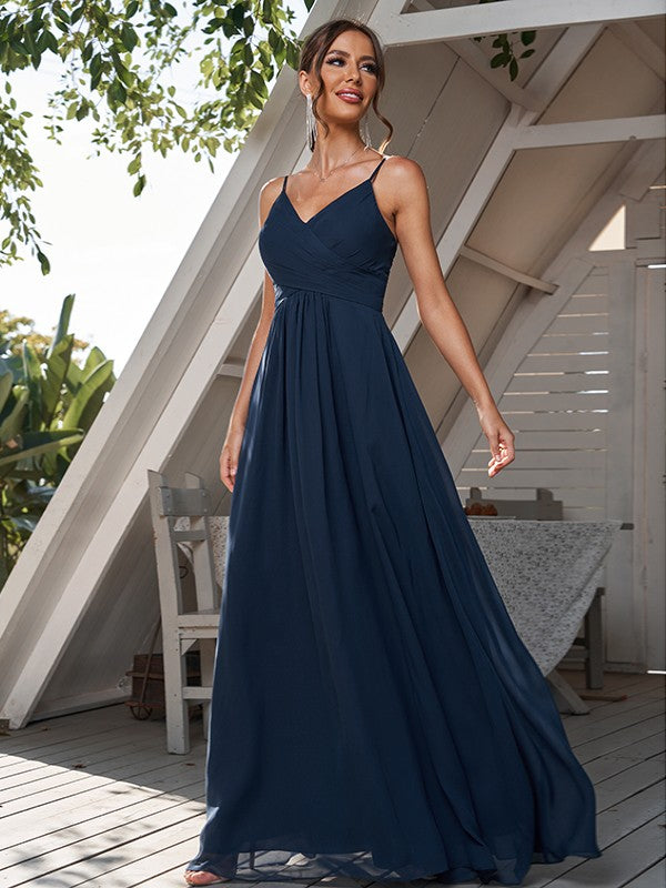 A-Line/Princess Chiffon Ruched V-neck Sleeveless Floor-Length Bridesmaid Dresses Formal Evening Dress