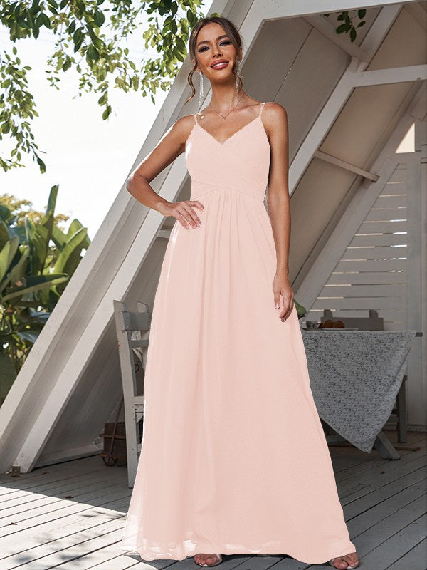 A-Line/Princess Chiffon Ruched V-neck Sleeveless Floor-Length Bridesmaid Dresses Formal Evening Dress