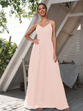 A-Line/Princess Chiffon Ruched V-neck Sleeveless Floor-Length Bridesmaid Dresses Formal Evening Dress
