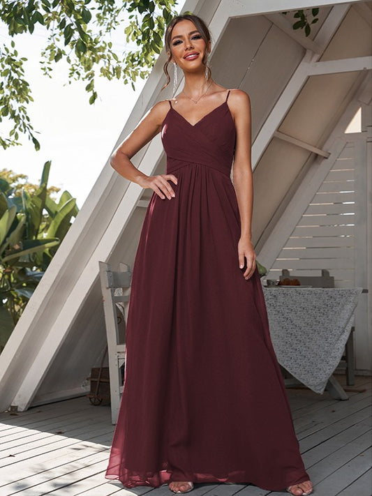 A-Line/Princess Chiffon Ruched V-neck Sleeveless Floor-Length Bridesmaid Dresses Formal Evening Dress