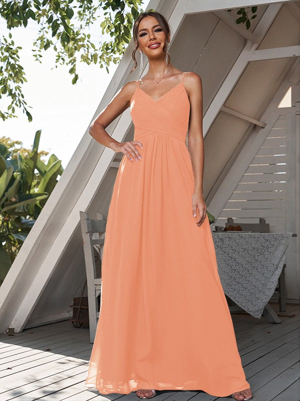 A-Line/Princess Chiffon Ruched V-neck Sleeveless Floor-Length Bridesmaid Dresses Formal Evening Dress
