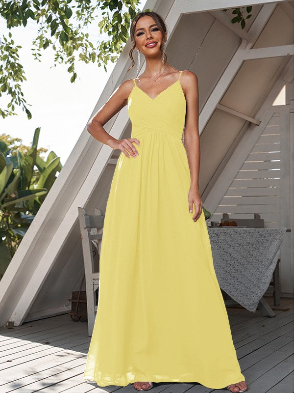 A-Line/Princess Chiffon Ruched V-neck Sleeveless Floor-Length Bridesmaid Dresses Formal Evening Dress