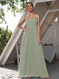 A-Line/Princess Chiffon Ruched V-neck Sleeveless Floor-Length Bridesmaid Dresses Formal Evening Dress