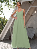 A-Line/Princess Chiffon Ruched V-neck Sleeveless Floor-Length Bridesmaid Dresses Formal Evening Dress