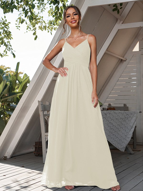 A-Line/Princess Chiffon Ruched V-neck Sleeveless Floor-Length Bridesmaid Dresses Formal Evening Dress