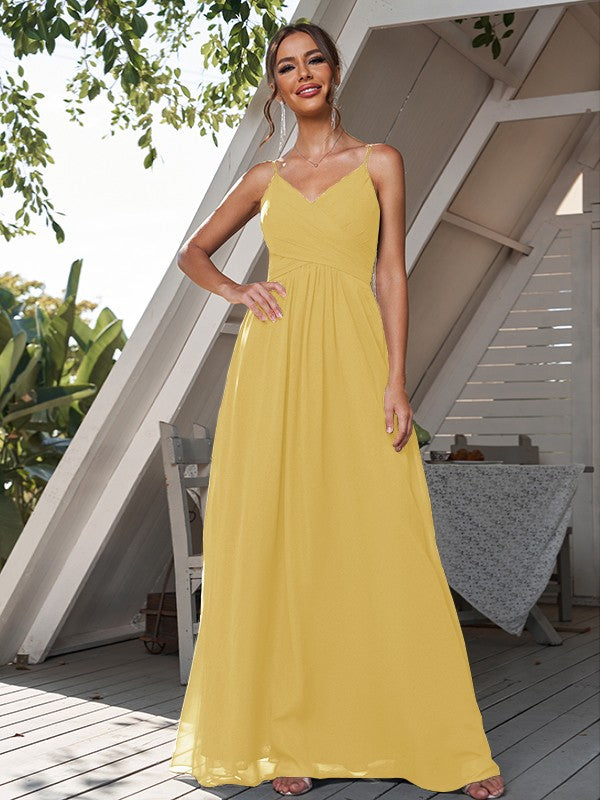 A-Line/Princess Chiffon Ruched V-neck Sleeveless Floor-Length Bridesmaid Dresses Formal Evening Dress