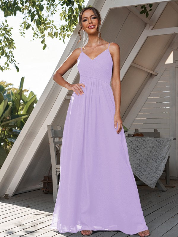 A-Line/Princess Chiffon Ruched V-neck Sleeveless Floor-Length Bridesmaid Dresses Formal Evening Dress
