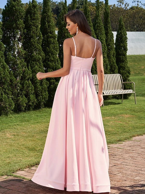 A-Line/Princess Stretch Crepe Ruched Spaghetti Straps Sleeveless Asymmetrical Bridesmaid Dresses Evening Prom Dress